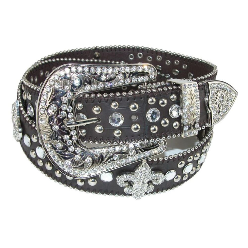 CTM Women's Fleur de Lis Studded Rhinestone Belt